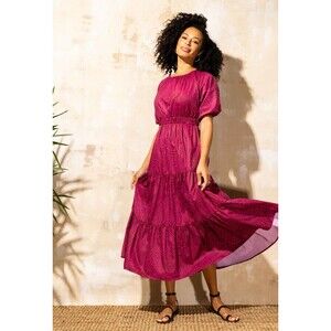 Mott50 Stella puff Sleeve Midi Tiered Ruffle Dress Size XS UPF 50+ Cut Out Back